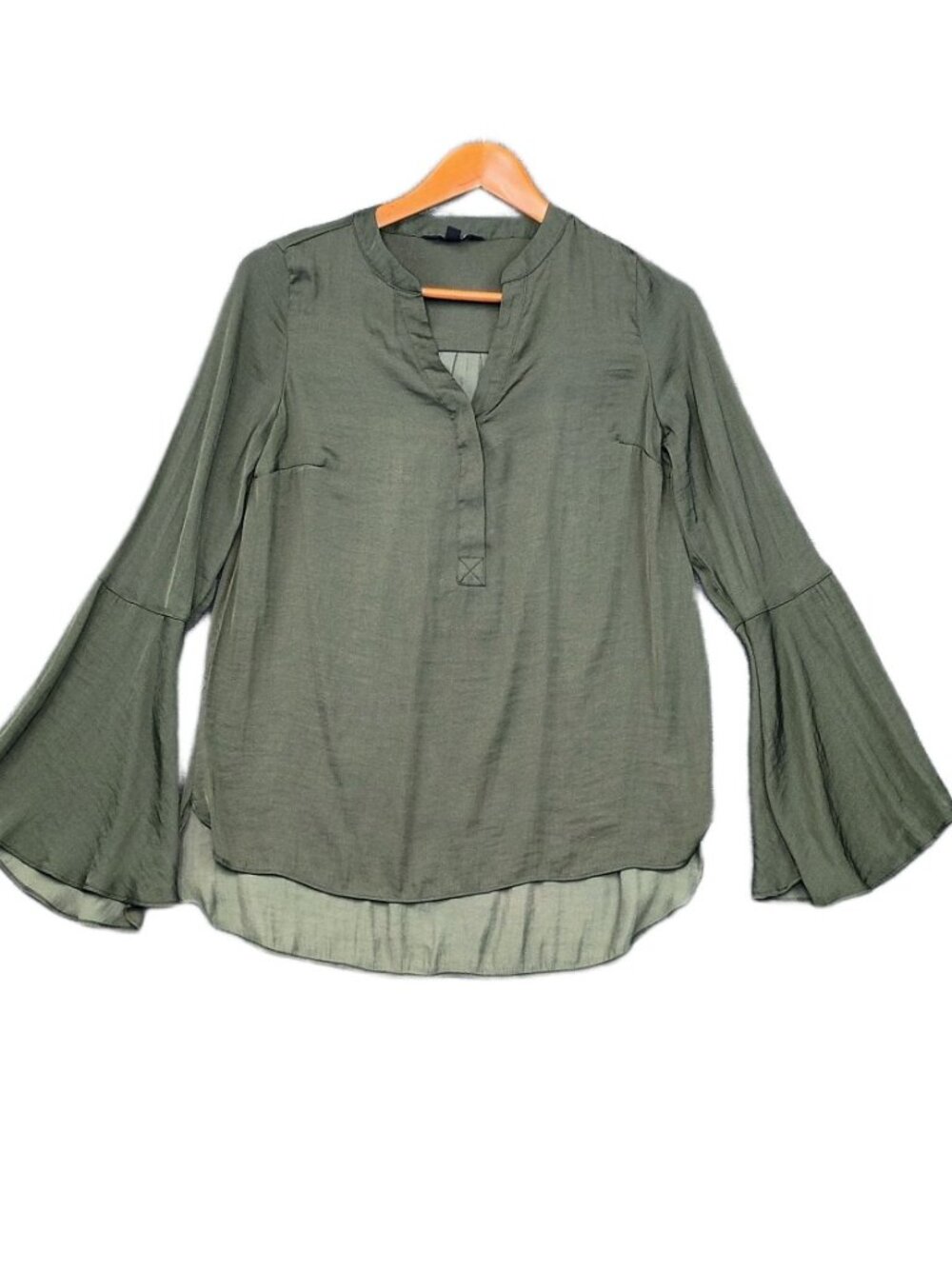 Simply Vera Wang Top Olive Green Long Bell Sleeve V-Neck Bohemian Poet Blouse XS